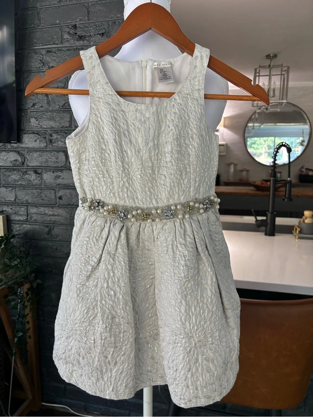 Girls Silver Metallic Floral Embroidered Dress